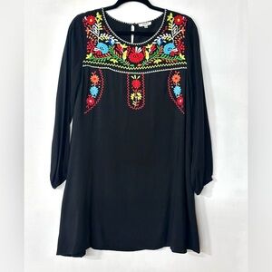 Jodifl Black Flowy Mexicali Long-sleeve Dress with Colorful‎ Embroidery Medium